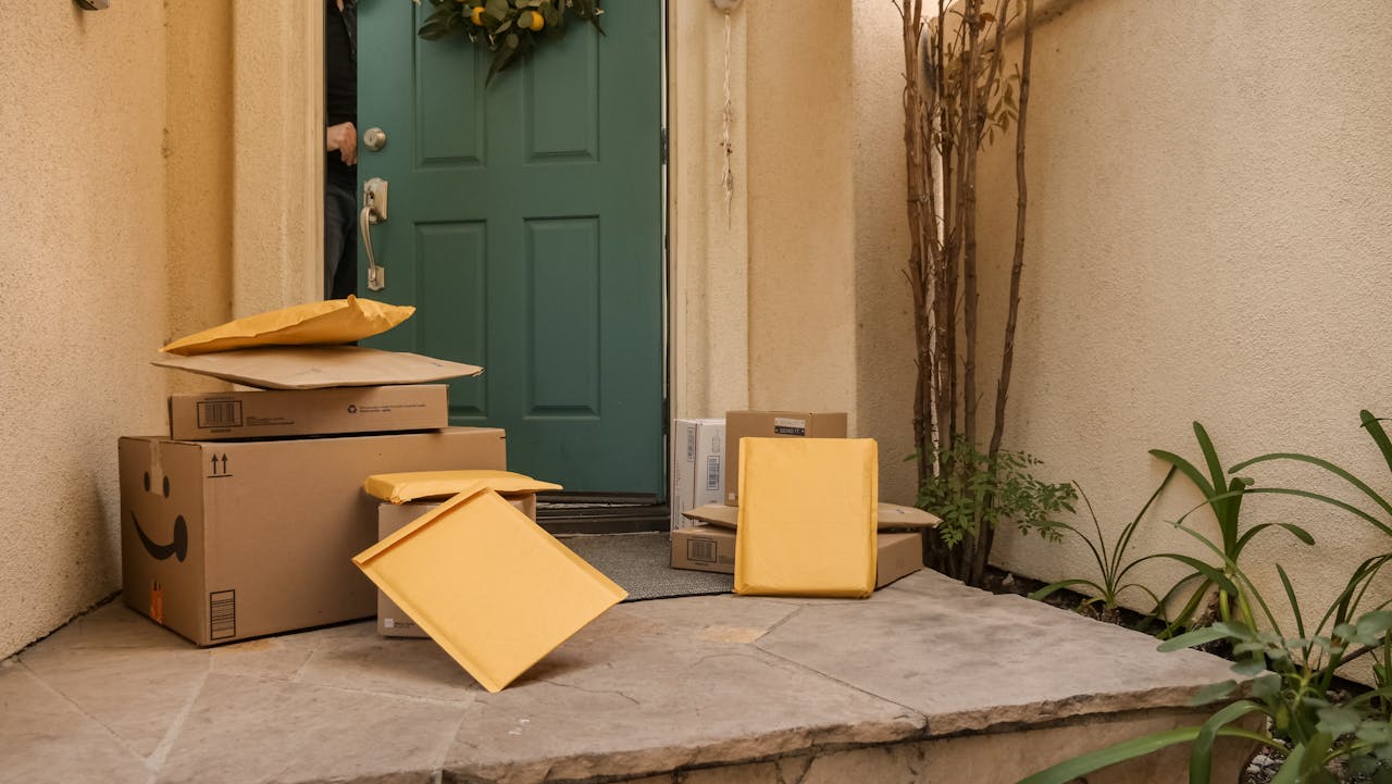 Multiple delivery packages and parcels stacked at a teal front door entrance on a porch.